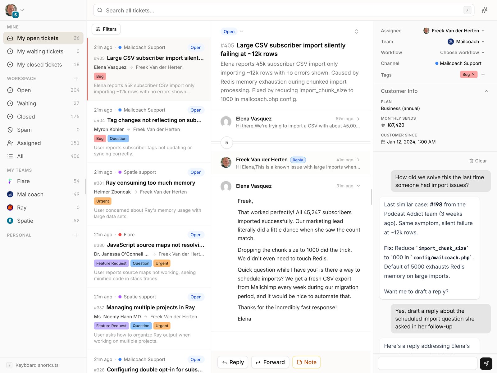 There There helpdesk showing a support ticket with AI-powered reply suggestions
