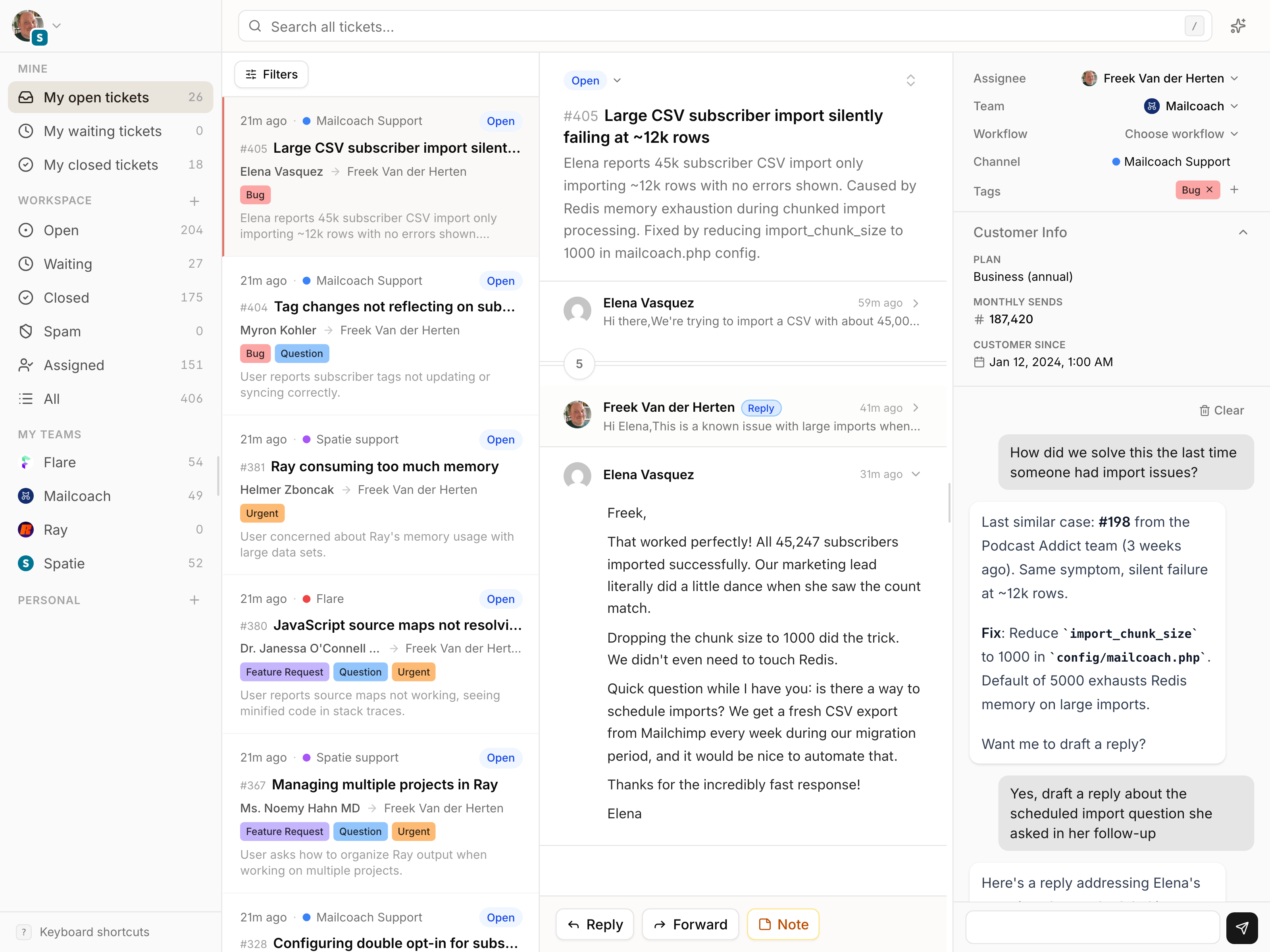 There There helpdesk showing a support ticket with AI-powered reply suggestions
