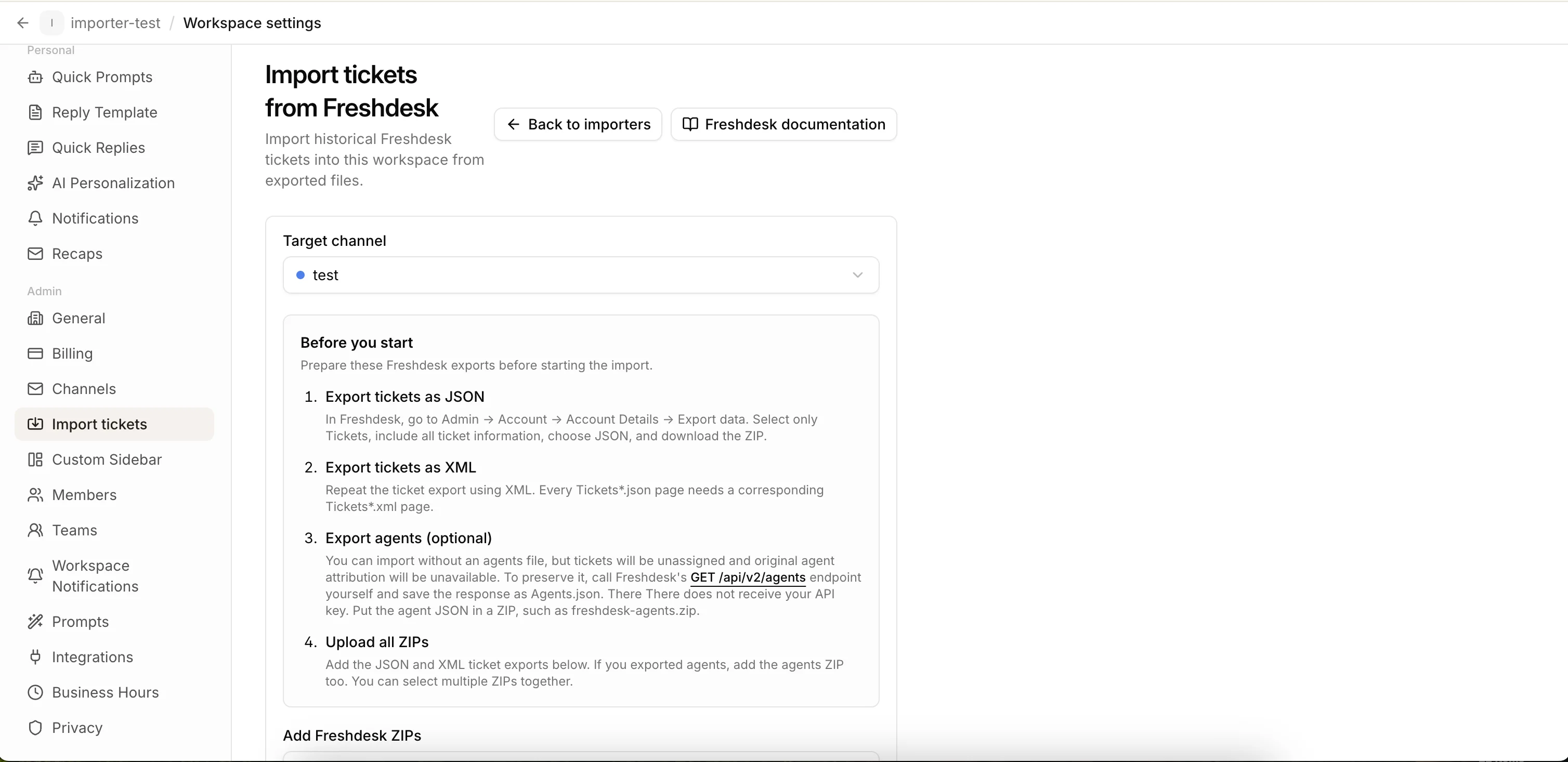 The Freshdesk ticket importer in workspace settings