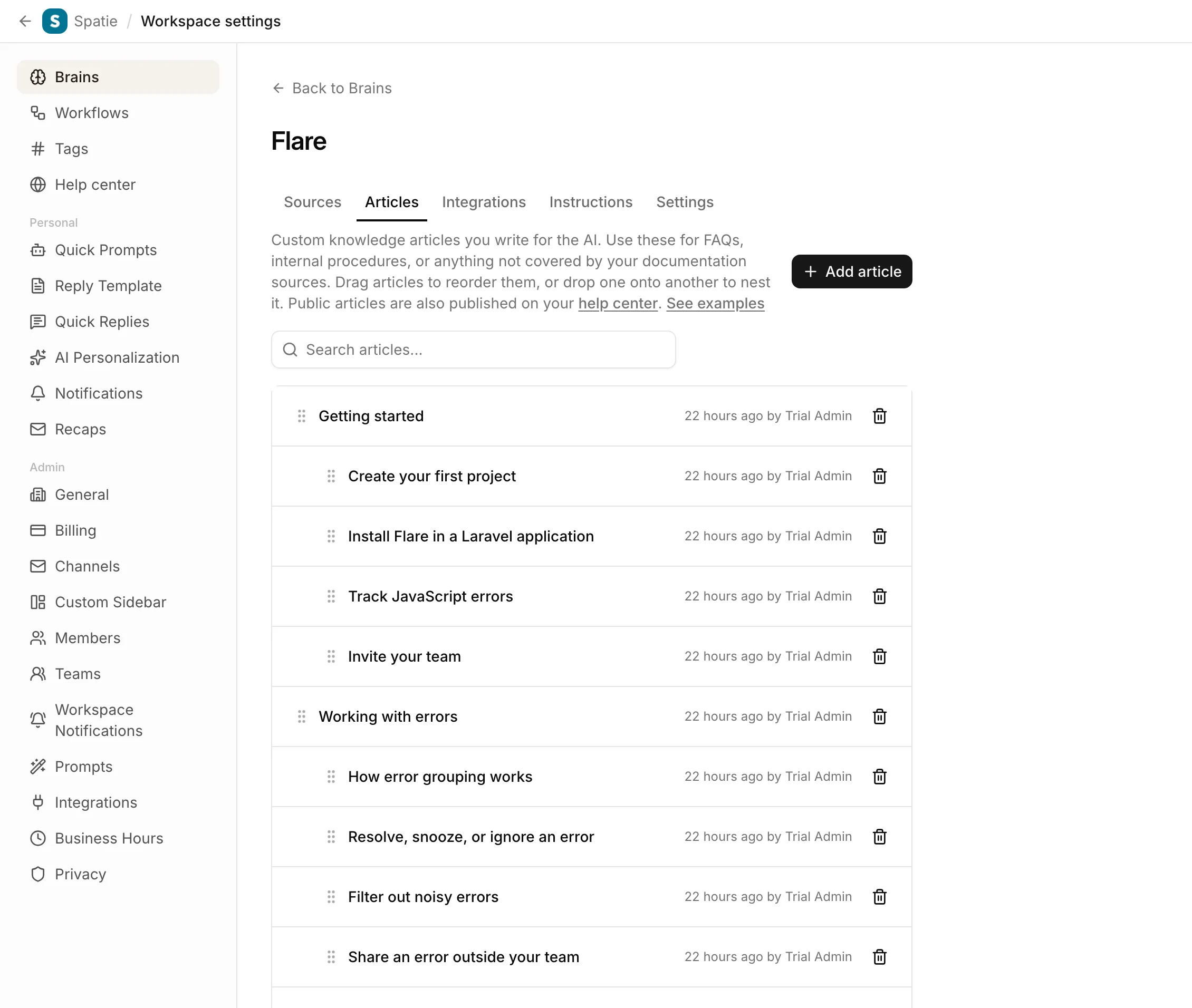 The articles tab of a brain showing articles nested under categories like Getting started and Working with errors