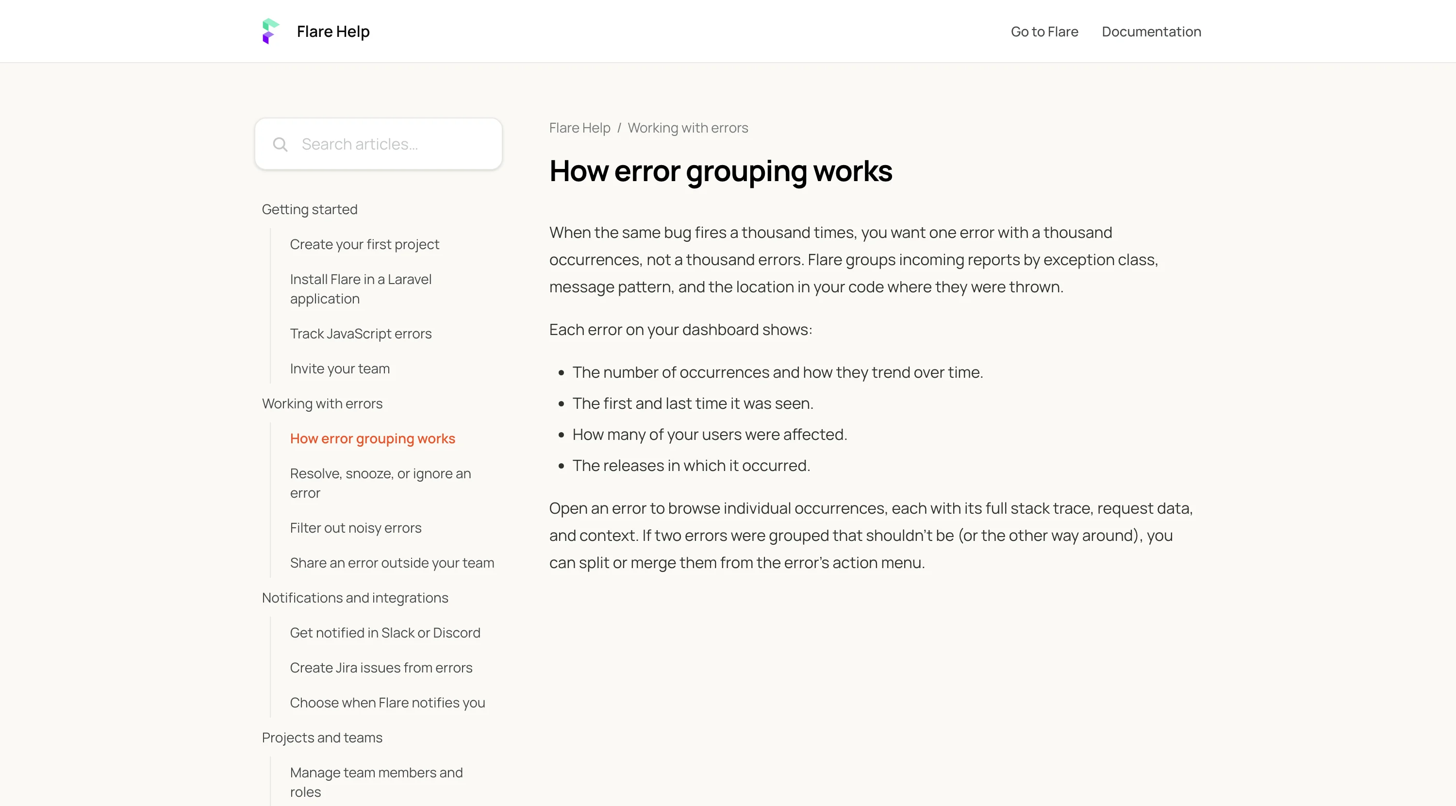 A rendered help center article with a logo and header links, breadcrumbs, and the active article highlighted in the brand color