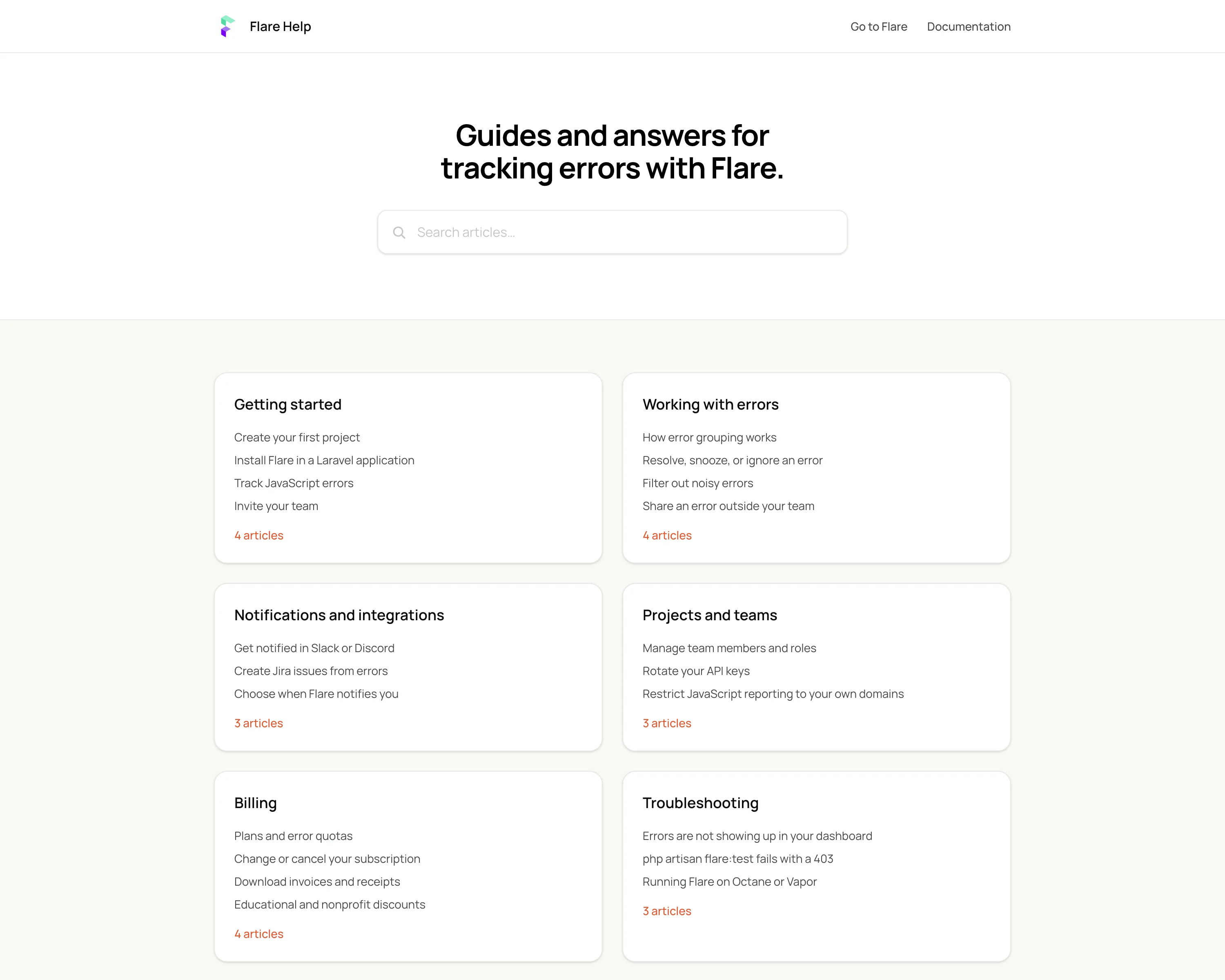 A help center homepage with a search bar and article categories like Getting started, Working with errors, and Billing