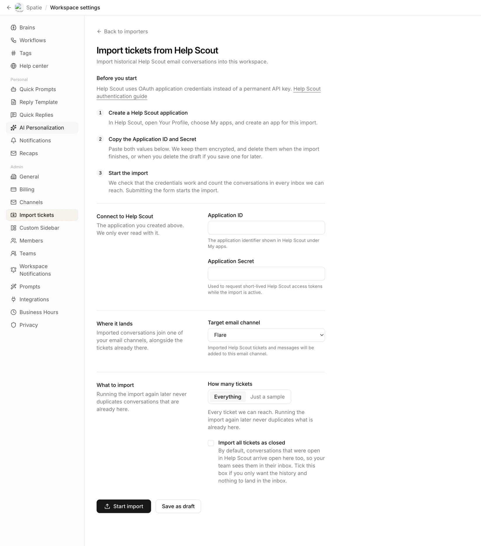 The Help Scout ticket importer in workspace settings