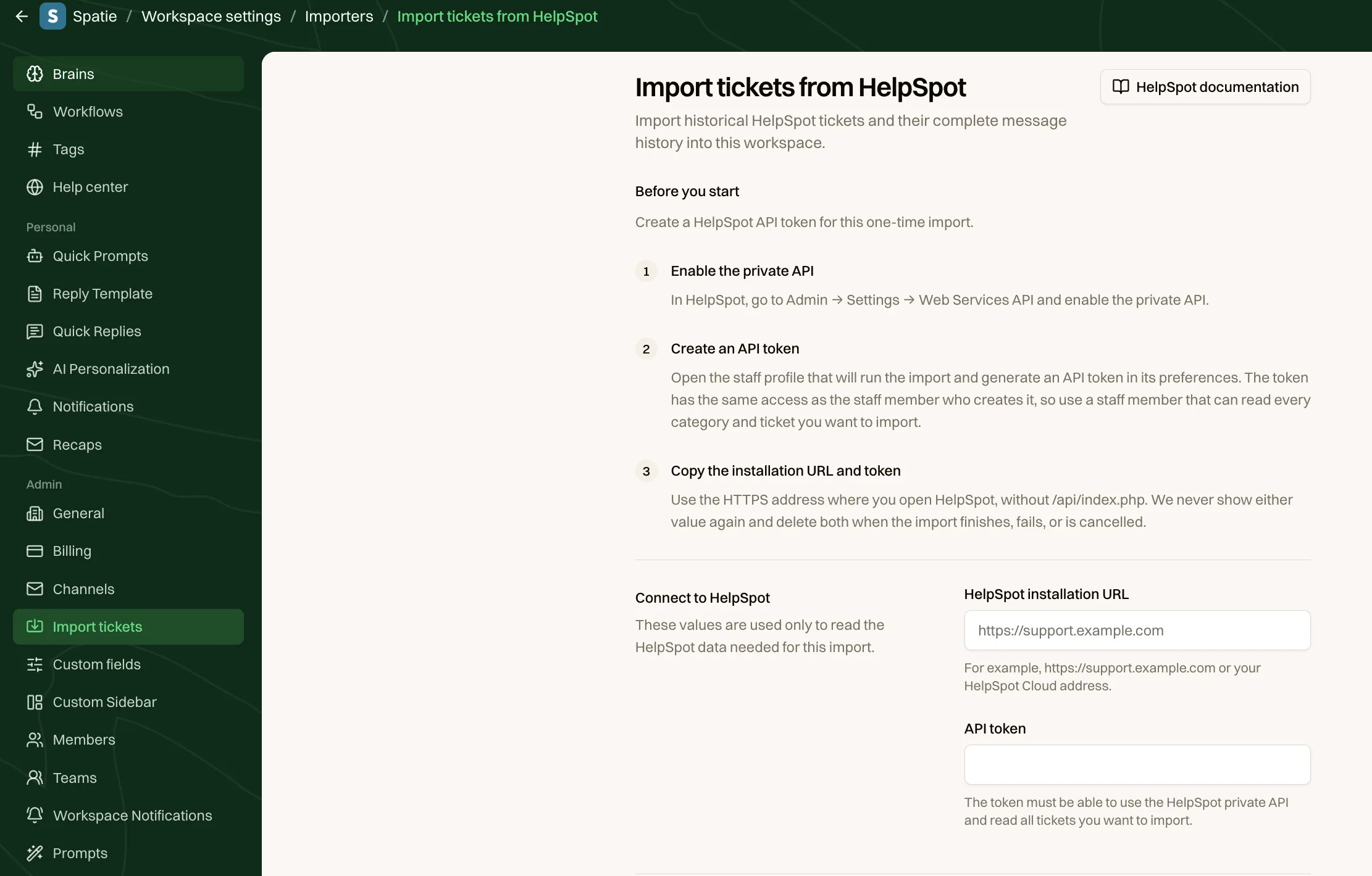 The HelpSpot ticket importer in workspace settings