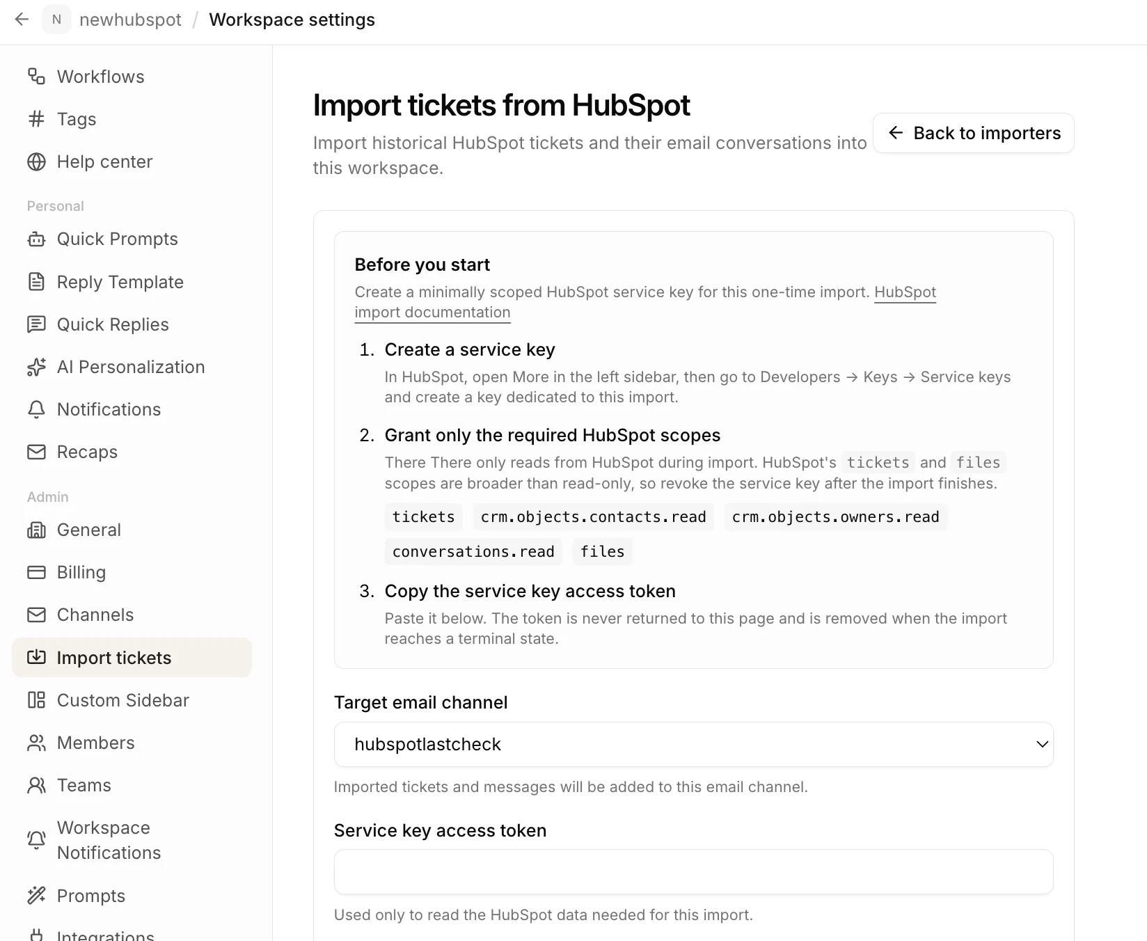 The HubSpot ticket importer in workspace settings